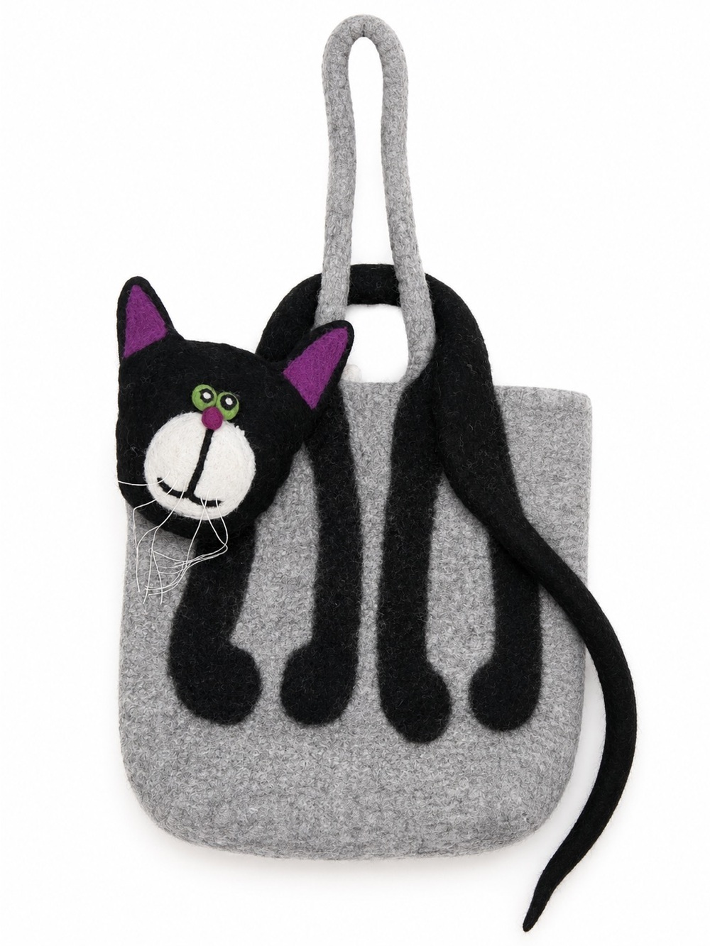 Handmade Felted Wool Black Cat Tote Purse Gray Shoulder Bag Whimsical